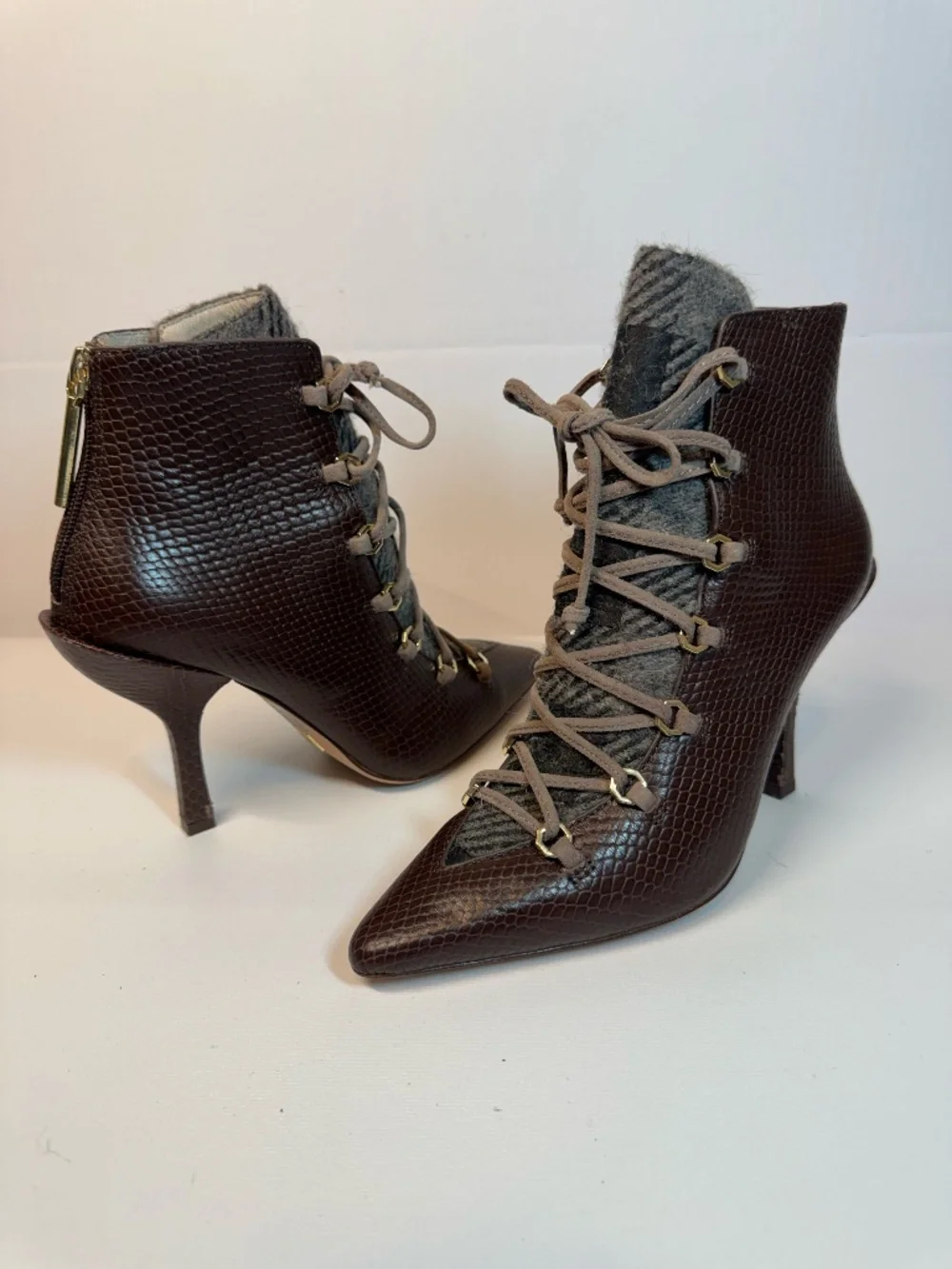 Louise et Cie Brown Reptile Lace Up Pointed Toe Wool Booties 6.5